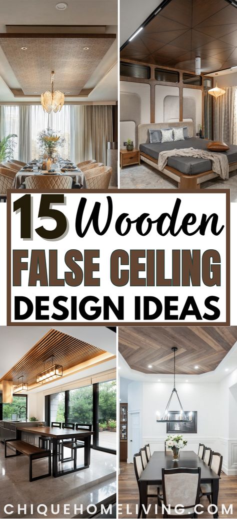 Check out our curated collection of 15 wooden false ceiling design ideas. Elevate your space with the timeless charm and organic texture that wooden ceilings bring, adding depth and character to any room. From rustic beams to sleek, modern panels, these designs showcase the versatility of wood in creating stunning false ceilings that enhance the ambiance of your home. Pop Ceiling For Bedroom, Wooden False Ceiling Design For Bedroom, Pop Wooden Ceiling Design, Living False Ceiling, False Ceiling Ideas Living Rooms, False Ceiling Bedroom Modern, False Ceiling Living Room Modern Design, Wooden Beams Ceiling Living Room, Gypsum Ceiling Design Living Rooms