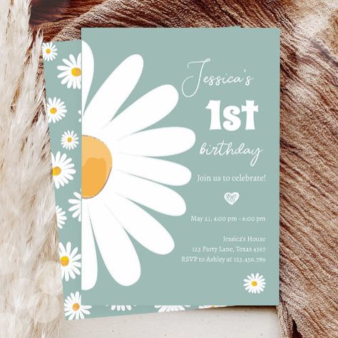 $3.08 | Daisy Retro Boho Party Dusty Blue First Birthday - daisy birthday, first birthday, girl birthday, daisy first birthday, wild one birthday, bohemian birthday, retro daisy, boho daisy, boho floral party, dusty blue Daisy Invitations, Bohemian Birthday, Daisy Birthday, Daisy Party, Retro Daisy, First Birthday Party Themes, Retro Birthday, Boho Party, Floral Party