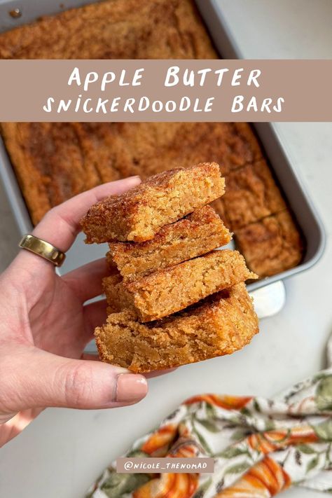 Apple Butter Snickerdoodle Bars Apple Butter Pie Bars, Apple Butter Blondies, Apple Butter Snickerdoodle Cookies, Apple Butter Cookies Recipes, Desserts With Apple Butter, Apple Butter Snickerdoodles, Thanksgiving Blondies, Apple Butter Dessert Recipes, Apple Butter Recipes Desserts