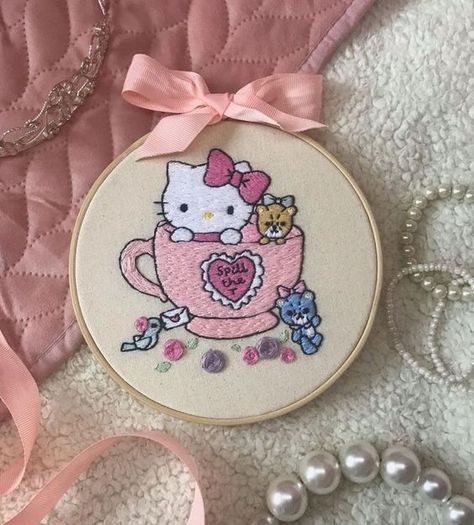 Hello Kitty, Kitty, Embroidery, Pink