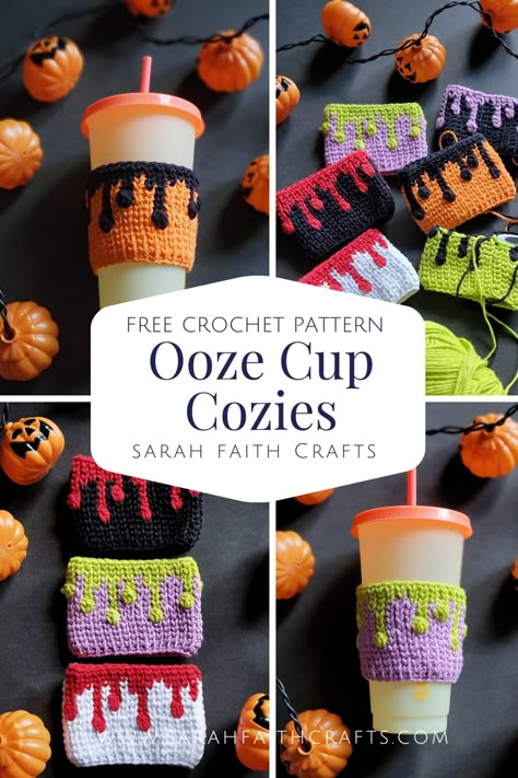 Ooze Cup Cozies, Crochet Halloween Mug Cozy, Crochet Drip Pattern, Cup Coozie Crochet, Halloween Crochet Cup Cozy, Crochet Road Trip Project, Crochet Mug Cover Free Pattern, Spooky Gift Basket Ideas, Crochet Halloween Cup Cozy Free Pattern