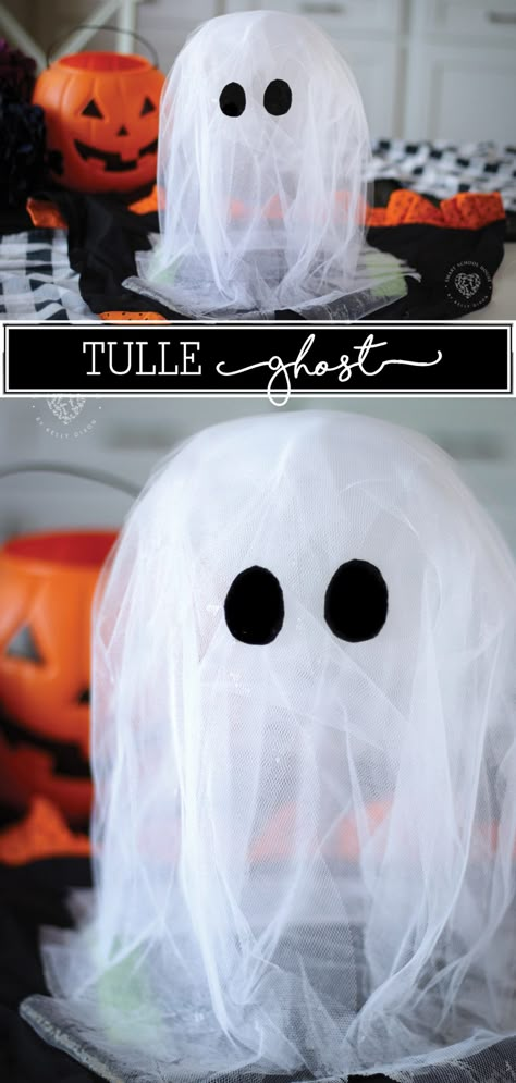 This Spooky Floating Tulle Ghost is so easy and adorable you simply can’t help but love it. One special ingredient makes these SUPER easy! Tule Halloween Decorations, Tulle Ghost Decoration, Halloween Tulle Decorations, Easy Ghost Craft, Ghost Crafts Diy, Halloween Olympics, Ghosts Decoration, Ghosts Crafts, Tulle Ghost