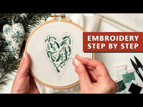 (1) CHRISTMAS ORNAMENT - Hand Embroidery Tutorial For Beginners | MISTLETOE KISS Pattern - YouTube Kiss Embroidery, Kiss Pattern, Mistletoe Kiss, Hand Embroidery Tutorial, Embroidery Tutorial, How To Craft, Embroidery Tutorials, 1st Christmas, A Heart