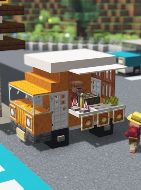 Minecraft Pop Up Shop, Minecraft Pottery Shop, Grocery Store Minecraft Ideas, Minecraft Fast Food Places, Minecraft Shopping Cart, Store Ideas Minecraft, Minecraft Garage Interior, Minecraft Fletcher Shop, Minecraft Stores Ideas Interior