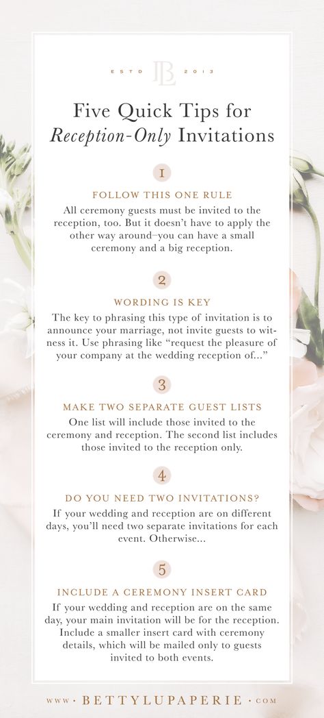 Wedding invitation wording for a reception only event can be tricky! The key to wording this type of invitation is to announce your marriage, not invite guests to witness it. Check out the full post for helpful wedding tips and wording samples! #weddinginvitations #weddinginvites #weddingtips #weddingplanning #weddingideas Invite Wording Wedding, Ceremony Only Invitation, Wedding Invitations Ceremony And Reception, Intimate Wedding Invite Wording, Separate Wedding And Reception Invites, Invitation For Reception Only, Separate Wedding And Reception, Invitation To Reception Only, Wedding Invitation Separate Ceremony And Reception