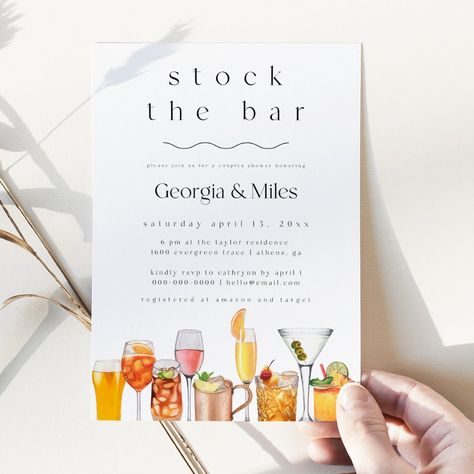 Stock The Bar Couples Shower Invitation Template - SincerelyByNicole Stock The Bar Game Ideas, Couples Wedding Shower Ideas, Couples Shower Invitation, Wedding Day Cards, Couples Bridal Shower, Couple Wedding Shower, Summer Couples, Couples Shower Invitations, Bar Games