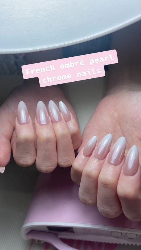 Watch me create this beautiful french ombré pearl chrome set! #softgel... | Ombre Nails | TikTok Pearl Ombre Nails Almond, French Ombre With White Chrome, French Ombre With Chrome, French Ombre Chrome, French Ombre Chrome Nails, Chrome Short Nails, Chrome Nails Diy, Pearl Chrome Nails, Short Nails Square