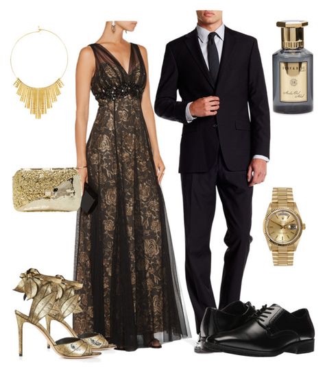 Gold And Black Formal Outfit, Black And Gold Couple Outfit, Black And Gold Prom Couple Outfit, Couples Dressed Classy Formal, Versace Black And Gold Dress, Couples Clothes, Couples Matching Outfits Swag, Couple Matching Outfits, Gala Outfit