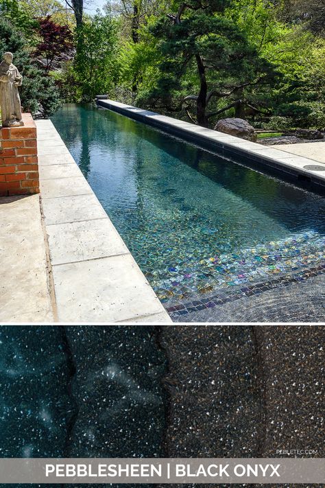 Our darkest PebbleSheen shade, Black Onyx combines deep brown pebbles with a speckling of white rocks. This finish produces a deep dark blue water color and is comparable to PebbleTec Black Pearl. Black Onyx Pebble Sheen Pool, Dark Swimming Pools, Dark Blue Pool Color, Pebbletec Pool Colors, Black Pools Swimming, Dark Pool Tile, Dark Pool Aesthetic, Dark Bottom Pool, Dark Blue Pool