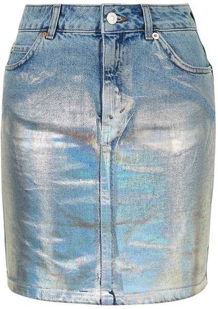 Moto denim foiled skirt Hologram Skirt, Denim Skirt Outfit Winter, Holographic Skirt, Ombre Skirt, Bleach Denim, Knee Length Denim Skirt, 80s Skirt, Denim Skirts Knee Length, Sparkly Outfits