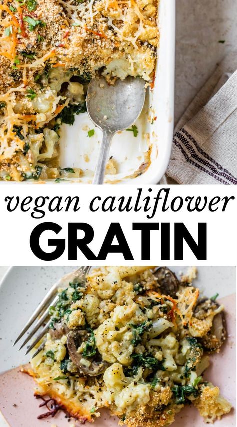 This cheesy, yet dairy free Vegan Cauliflower Gratin is the perfect side dish for holidays or family dinners. Loaded with veggies and ready in 30 minutes! Vegan Cauliflower Gratin, Veggie Dairy Free Recipes, Vegan Broccoli Casserole Recipes, Cheesy Vegan Recipes, Vegan Recipes With Cauliflower, Vegan Vegetable Gratin, Broccoli Cauliflower Recipes Vegan, Whole 30 Recipes Vegan, Vegan Cauliflower Casserole Recipes