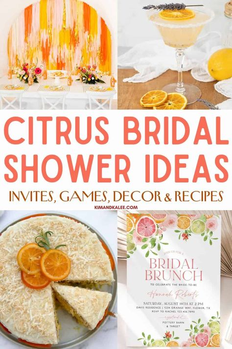 Hosting a citrus bridal shower is easier than you think with these invitations and recipes! We've also included themed decorations and games! Citrus Bridal Shower Favors, Citrus Themed Bridal Shower Ideas, Citrus Bridal Shower Theme, Citrus Party, Key Lime Pie Bars, Lavender Cookies, Orange Scones, Wedding Shower Themes, Cocktail Photos