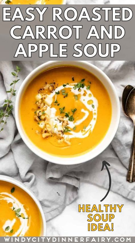 Roasted Carrot And Apple Soup, Carrot And Apple Soup, Soup Receipts, Apple Carrot Soup, Carrot Apple Soup, Blended Soup Recipes, Rainbow Rangoli, Soup With Apples, Blended Soups