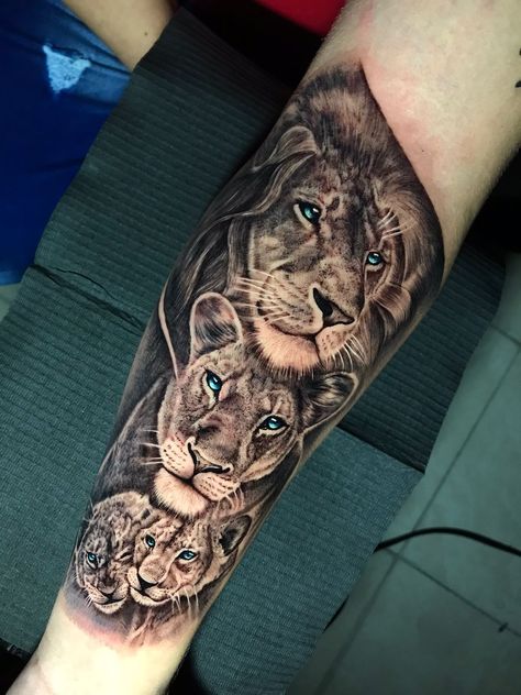 Lion Family Forearm Tattoo, Tiger Family Tattoos For Men, Family Of Lions Tattoo, Lion Tattoo Family, Lion And Cubs Tattoo Father, Lion Arm Tattoo Men Sleeve, Lions Family Tattoo, Tattoo Ideas For Men Family, Lion Tattoo Design Forearm