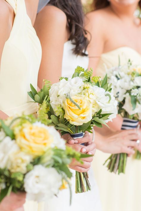 Yellow, White and Green Bridesmaid Bouquets White And Yellow Bouquet Wedding, Yellow Bridal Flowers, Light Yellow Bouquet, Epcot Secrets, Pale Yellow Wedding Theme, Card And Gift Table, Pale Yellow Weddings, Light Yellow Weddings, Hoco Flowers