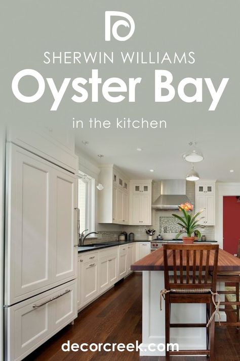 Oyster Bay SW-6206 for the Kitchen by Sherwin Williams Bm Oil Cloth Cabinets, Oyster Bay Kitchen Cabinets, Oyster Bay Paint, Sw Oyster Bay, Escape Gray, Oyster Bay Sherwin Williams, Paint Your Kitchen Cabinets, Beach Rooms, House Paints