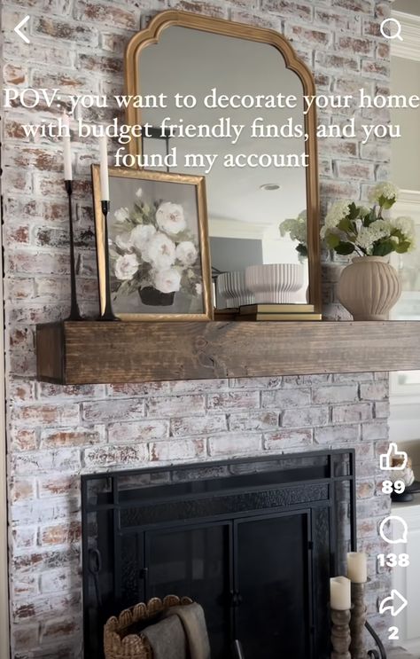 Mantel With Mirror Decorating Ideas, Fireplace Mantle Decor With Mirror, Brick Fireplace Mantle Decor, Fireplace Mantle Mirror, Brick Fireplace Mantle, Fireplace With Mirror, Mirror Fireplace Mantle, Victorian Cottage Decor, Mantle Decor With Mirror