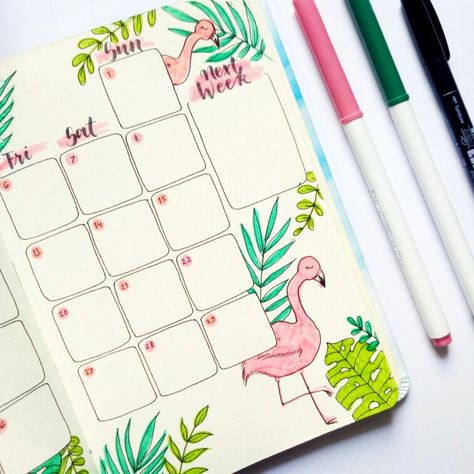 Flamingo Bullet Journal, June Bullet Journal Calendar, Summer Bullet Journal Cover, June Monthly Spread, Bullet Journal Monthly, Dotted Journal, Bullet Journal Month, Bullet Journal Monthly Spread, Bullet Journal Page