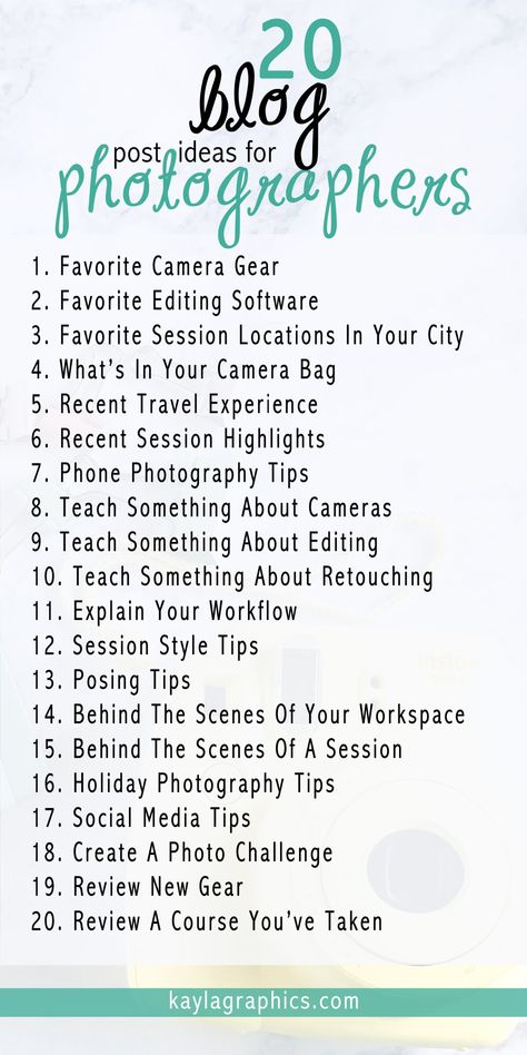 20 blog post ideas for photographers | #blogging #photography #senior #engagement #wedding #family #boss #tips #website Photography Content Ideas, Content For Photographers, Photography Infographic, Blogging Photography, Boss Tips, Photographer Marketing, Instagram Plan, Blog Post Ideas, Nikon D5200