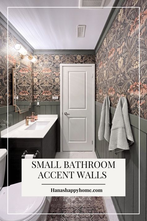 Bathroom Accent Wall With Window, Half Bathroom Wainscoting Wallpaper, Half Panel Wall Bathroom, Dark Waynes Coating Ideas, Wayne Scotting Walls Bathroom, Small Full Bathroom No Window, Wall Moulding Ideas Bathroom, Bathroom Tub Accent Wall, Board And Batten Wall Small Bathroom