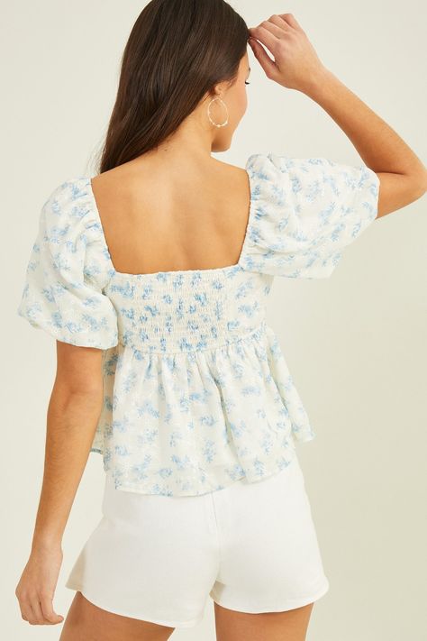 Alena Babydoll Top in Ivory & Blue | Altar'd State Altrd State Sweaters, Altars State, Altar’d State Jeans, Altard State Tops, American Eagle Babydoll Top, Hollister Blue Babydoll Top, Floral Babydoll Top, Altard State, Women's Blouses