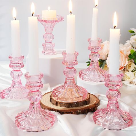 PRICES MAY VARY. Precise Size for Placement: these clear glass candle holders are designed with a top diameter of about 1.38 inches, a bottom diameter of about 3.03 inches, and a height of about 4.06 inches, they take up minimal space and are suitable for various occasions; Including 6 candleholders, they are enough to decorate your table Clear Design: the clear candle holders for table centerpiece are designed clear, which allows lights of candles to better show, ideal as table centerpieces to Party Decorations Graduation, Pink Birthday Party For Adults, Wedding Shower Tablescapes, Loveshack Fancy Party, Heart Centerpieces, Simple Table Centerpieces For Party, Bow Baby Shower Centerpieces, All Pink Party, Pink Bow Party