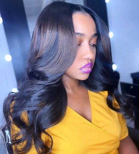 30 Trending Sew In Hairstyles for 2021 - Hair Adviser Sew In Hairstyles Middle Part, Sew In Middle Part, Long Sew In, Sew In Ponytail, Bob Sew In, Curly Hair Sew In, Weave Ideas, Sew In Weave Hairstyles, Middle Part Sew In