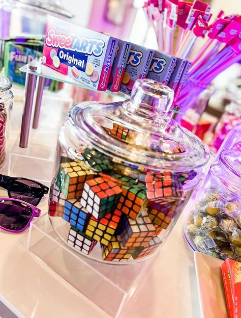 Kara's Party Ideas 40th Birthday Party 80’s Style | Kara's Party Ideas 80s Party Foods, 80’s Decor, 40th Party Decorations, 80s Candy, Cool Candy, Birthday Party Candy Bar, Marquee Numbers, 80s Party Decorations, 80s Birthday Parties