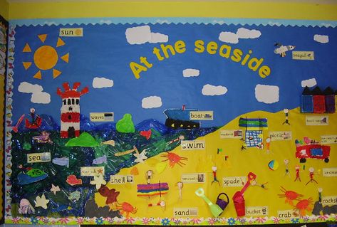 At the seaside classroom display photo - Photo gallery - SparkleBox Nursery Display Boards, Teaching Displays, Summer Display, Idea Craft, Ocean Classroom, Eyfs Classroom, Class Displays, Seaside Theme, Nursery Activities