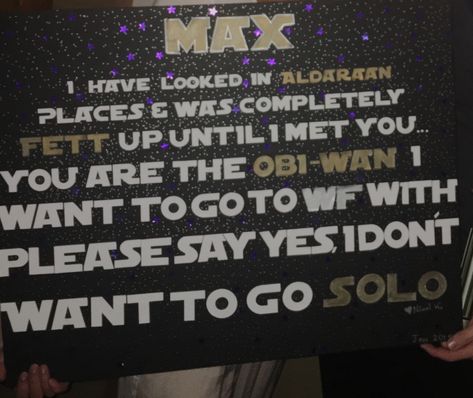 Cute Star Wars Promposal or Winter Formal poster girl ask guy 👾 Twirp Signs, Star Wars Promposal, Girl Ask Guy, Dance Invitation, Formal Proposals, Dance Proposals, Cute Star Wars, School Dance Ideas, Promposal Ideas