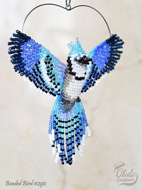 Blue Jay Bird Suncatcher Beaded Bird Necklace Car Window Bird Suncatchers, Minecraft Beads, Flower Beading, Beaded Birds, Seed Bead Art, Beaded Bird, Bead Brooch, Blue Jay Bird, Braided Bracelet Diy