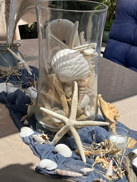 Sea Theam Decoration, Coastal Birthday Theme, Beach Themed, Ocean Theme Table Decorations, Elegant Beach Party Decorations, Coastal Theme Bridal Shower Ideas, Nautical Floral Arrangements, Beach Wedding Tablescape, Nautical Dinner Party