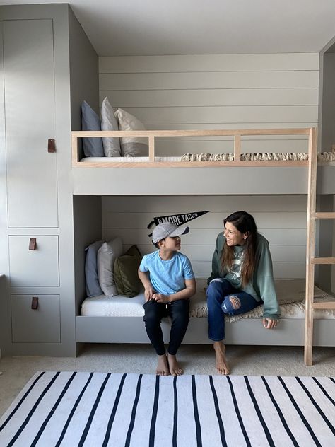 Boy’s Bunk Room - Abby Road Home Built In Bunks In Living Room, Wallpaper Bunk Beds, Toddler Bunk Bed Boy, Natural Wood Bunk Bed, Boys Shared Bedroom Bunkbeds, Painted Built In Bunk Beds, Built In Bunk Beds With Drawers, Toddler Bedroom Bunk Bed, Bunk Bed Boys Room Ideas