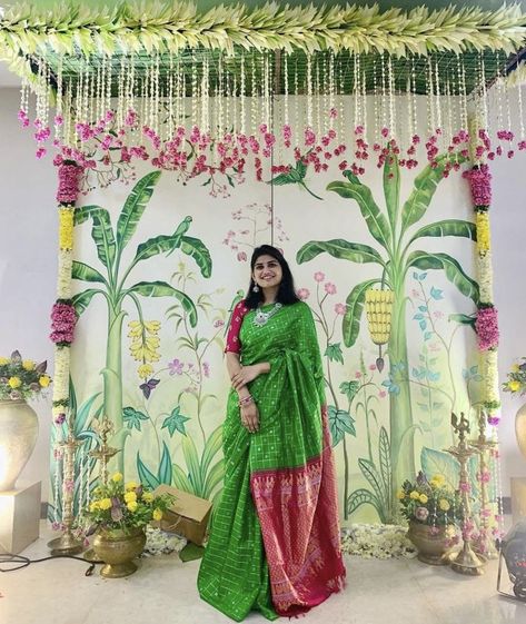 (4) WhatsApp Seemantham Backdrop Ideas, Sreemantam Decoration At Home, Sravana Sukravaram Decoration, Bhogipallu Decorations, Nalugu Decoration Ideas, Gruhapravesham Sarees, Vratam Decoration Ideas, Half Saree Function Decoration At Home, Sreemantham Backdrop