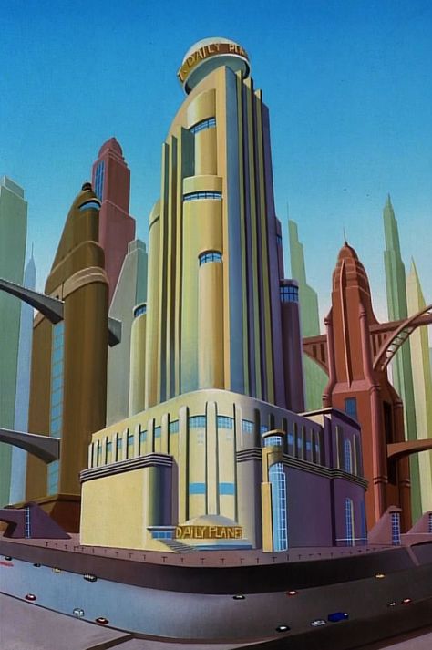 Batman The Animated Series Art, Metropolis Superman, Dieselpunk Art, Superman The Animated Series, Art Deco City, Dark Deco, Daily Planet, Googie Architecture, Art Deco Illustrations