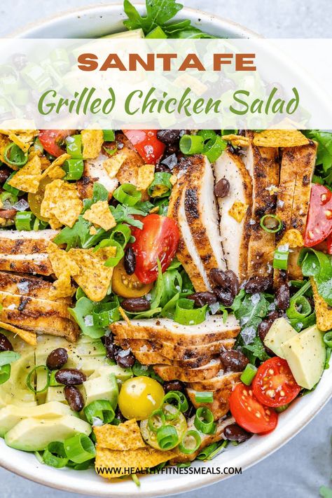 This copycat Santa Fe Salad with Grilled Chicken is the perfect Southwest Salad. Loaded with grilled chicken, cherry tomatoes, black beans, and avocado, it gets drizzled in homemade Santa Few Dressing and topped with a sprinkle of tortilla chips. Chicken Santa Fe Salad, Chilis Santa Fe Chicken Salad, Grilled Chicken Salad Recipes, Chicken Cherry Tomatoes, Santa Fe Chicken Salad, Santa Fe Salad, Food Mediterranean, Salad With Grilled Chicken, Southwest Chicken Salad