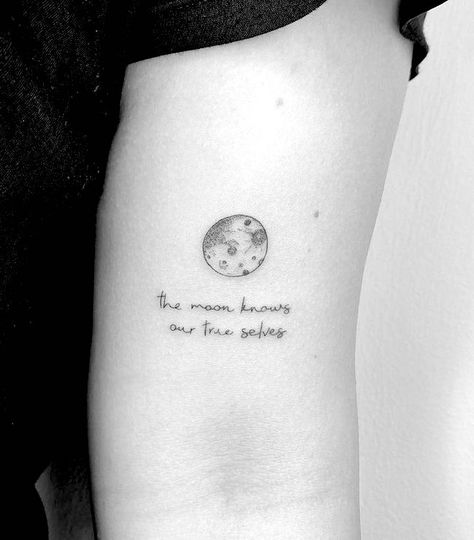 51 Dreamy Moon Tattoos To Brighten Up Your Aura - Our Mindful Life Look At The Moon Tattoo, Moon Tattoo Meaningful, Moon And Quote Tattoo, Moon Tattoos With Meaning, Tattoos About The Moon, Moon Tattoo Designs With Quotes, Full Moon Minimalist Tattoo, She Was Like The Moon Tattoo, Tiny Full Moon Tattoo