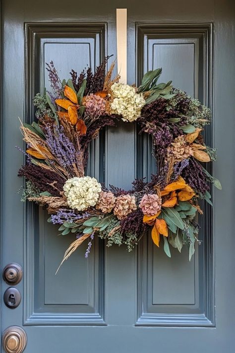 21 Fall Wreath Ideas to Welcome Autumn Metallic Pumpkins, Fall Wreath Ideas, Dried Wreath, Porch Wreath, Welcome Autumn, Autumn Wreaths For Front Door, Fall Door Hangers, Dried Flower Wreaths, Fall Garland