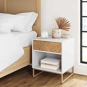 Nathan James Kensi Nightstand Side Accent or End Table with Storage, White/Gold White Gold Bedroom, White And Gold Nightstand, White Side Table, Rustic Bedside Table, First Apartment Essentials, Nathan James, Herringbone Wood, End Table With Storage, Gold Bedroom