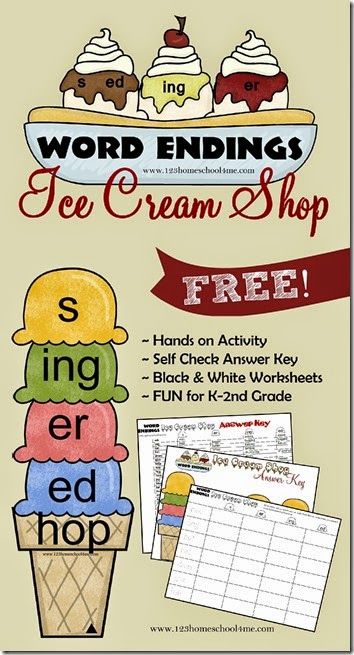 Word Endings Ice Cream Shop - What a fun, free printable educational game for kids working on word endings - s, er, ing, ed.  This is a fun hands on activity for Kindergarten, 1st grade, and 2nd grade kids in homeschool, after school, or classrooms. Suffix Activities, Word Endings, Ing Words, Literacy Games, Ice Cream Theme, Reading Games, Language Art, Free Word, 2nd Grade Reading