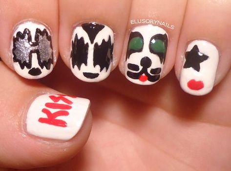 Acdc Nails, Band Nail Art, Kiss Nail Art, Music Nails, Rock Nails, Sky Blue Nails, Band Nails, Natural Nail Art, Mens Nails