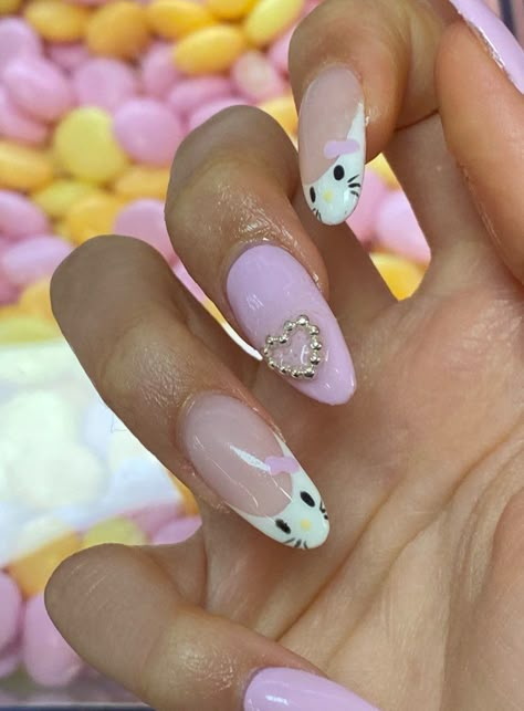 Hello Kitty French Tip Nails Almond, Hello Kitty Almond Nails, Hello Kitty Nail Designs, Paznokcie Hello Kitty, Kitty Nails, Art Guide, Cute Nail Art Designs, Summery Nails, Hello Kitty Nails