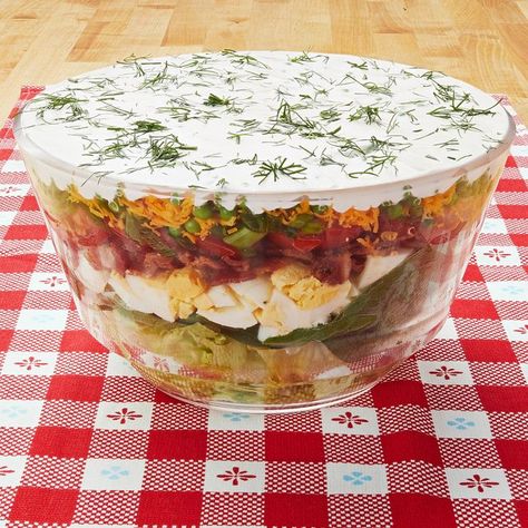 layered salad 7 Layer Salad Mexican, 7 Layer Salad With Ranch Dressing, Trifle Salad Recipes, Salads Spinach, 7 Layer Salad, Layer Salad, Seven Layer Salad, Layered Salad Recipes, Church Picnic