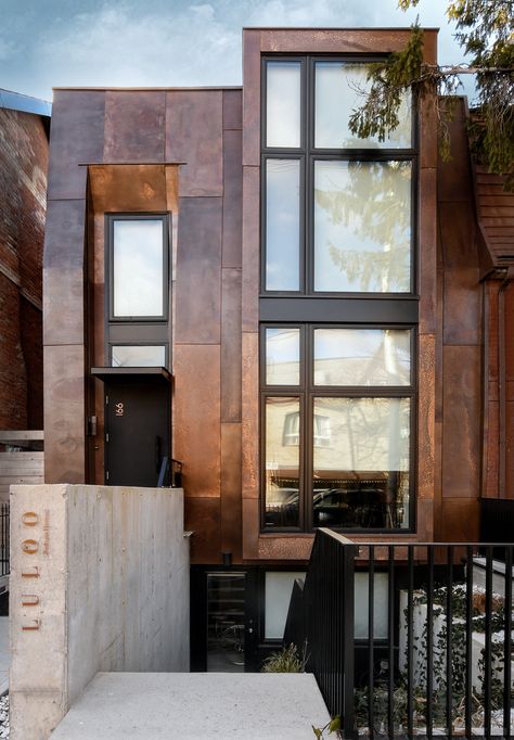 Copper In Architecture, Copper House, House Front Door Design, Copper Interior, Apartment Exterior, Metal Facade, Metal Cladding, House Design Exterior, Copper Design