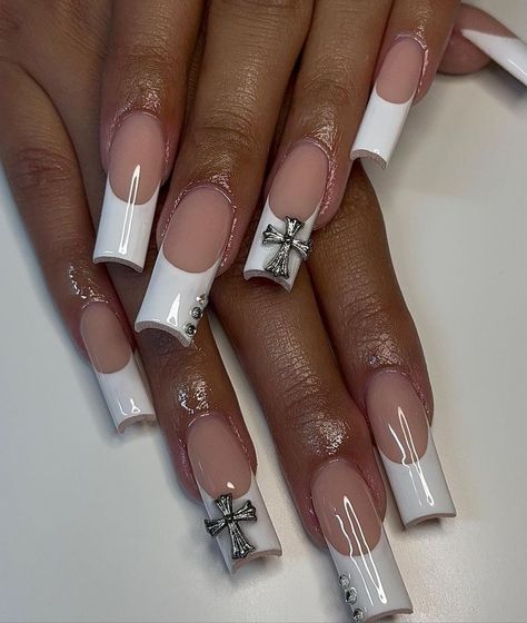 Nails Acrylic With Cross Charm, Acrylic Nails With Crosses, Chrom Heart Cross Nails, White Chrome Heart Nails, Chrome Cross Nails, Nail Inspo Cross, Cross Nails Acrylic, French Tip Nails Y2k, Drake Nails