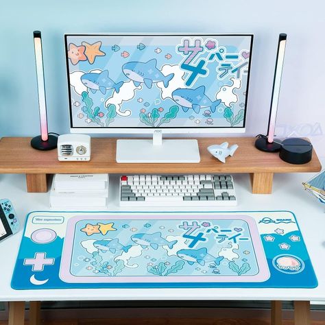 A light-blue large mouse pad that covers a large part of your desk. It shows sharks in a cute, comic drawn way and some japanese text. Long Mouse Pad, Shark Gaming Setup, Shark Merch, Desk Mat Design, Shark Room, Shark Games, Comic Wallpaper, Gaming Room Decor, Computer Set