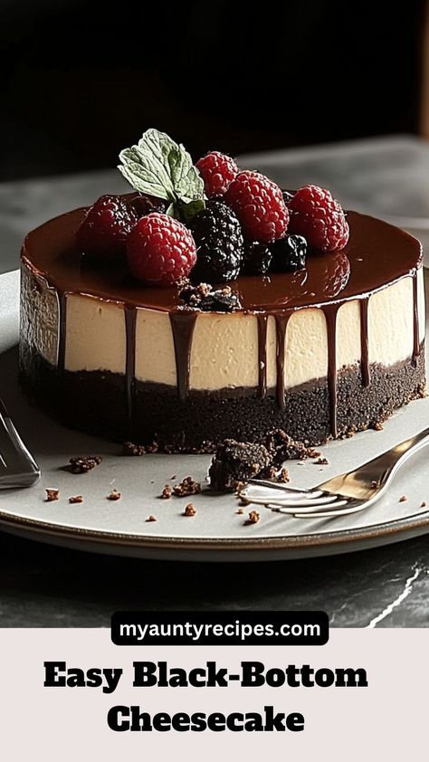 Looking for the perfect Friendsgiving dessert? This Decadent Black-Bottom Cheesecake is a must-try! Featuring a rich chocolate bottom layer topped with creamy cheesecake, it's a winter treat that will impress your guests. Ideal for your Friendsgiving dinner or any winter celebration, this dessert combines the best of both worlds—chocolate and cheesecake. Try this delicious winter dessert recipe for your next gathering and create lasting memories around the table. Chocolate Truffle Cheesecake, Christmas Chocolate Cheesecake, New Year’s Eve Cheesecake, Chocolate Topping For Cheesecake, Chocolate Cheesecake Decoration, Cake Bottom Cheesecake, Tuxedo Cheesecake Recipe, Birthday Cheesecake Ideas, Chocolate Crust Cheesecake