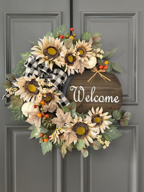 PRICES MAY VARY. This fall sunflower welcome wreath gives a rustic and elegant feel, distinguishing it from those festive fall wreaths, it's neutral and refreshing fall decor that stands out from the crowd of heavily colored fall wreaths! It is handmade with high quality artificial materials. As the picture shows, the large white sunflowers & green maple leaves are rich in detail and realistic texture, covering the whole wreath completely, it looks very full no matter which angle you view it fro Fall Sunflower Wreath, Broncos Wreath, Welcome Decoration, Fall Wreaths For Front Door, Moon Wreath, Wall Hanging Handmade, Front Door Porch, Door Porch, Wooden Wreaths