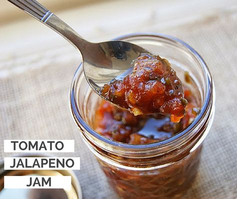 Tomato jalapeno jam Jalapeno Jam Recipe, Canning Tomato Juice, Canning Jalapeno Peppers, Tomato Jelly, Garden Vegetable Recipes, Tomato Jam Recipe, Jalapeno Jam, Freezer Jam Recipes, Jam Recipes Homemade