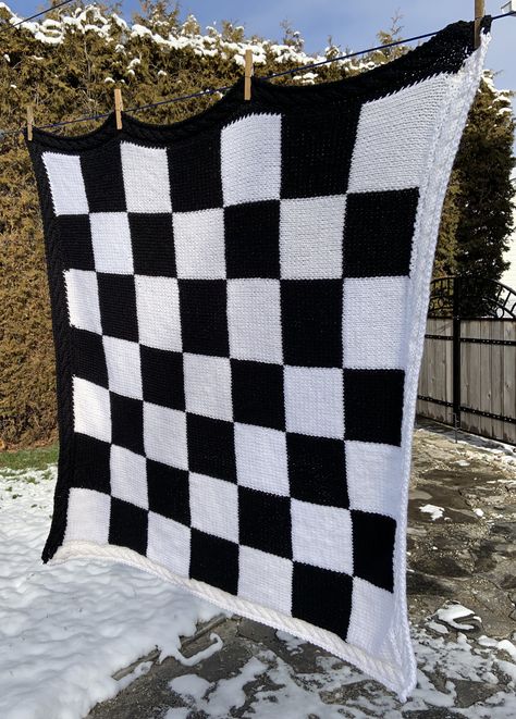 Chunky Checker Board Blanket Check Blanket, White Throw Blanket, Checker Board, Knitted Blanket, Blanket Black, Blanket Knitting Patterns, Baby Blanket Pattern, White Crochet, Black And White Colour